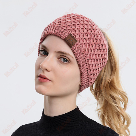 pink beanie empty top ponytail hat